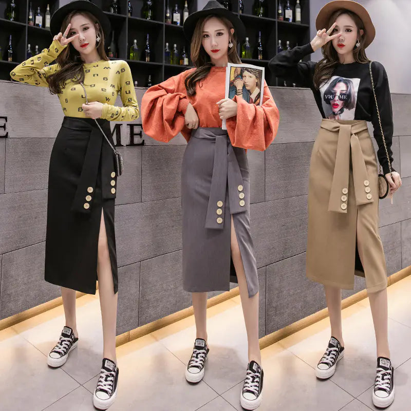 High-Slit Tie Waist Midi Skirt