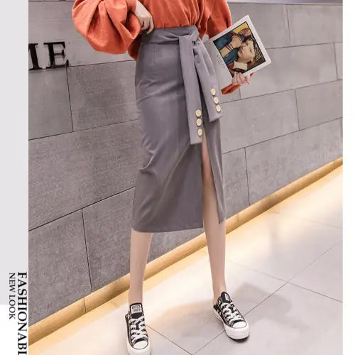High-Slit Tie Waist Midi Skirt